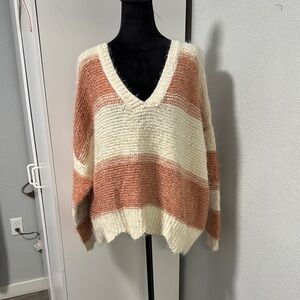 Newbury Kustom Striped V-Neck Sweater in Cream and Tan
